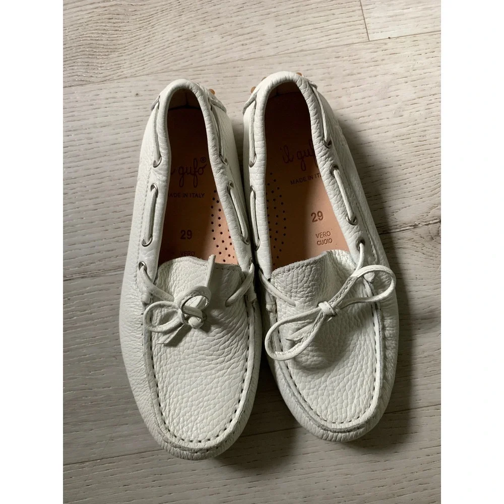 Il Gufo Kids White Pebbled Leather Driving Loafers Size 29 Made in Italy Moc Toe